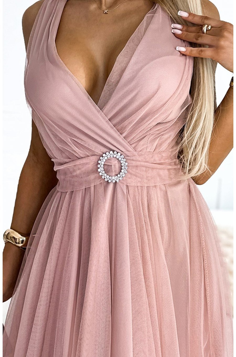 Rochie scurta eleganta baby doll din tulle roz prafuit Amirah 4 - jojofashion.ro