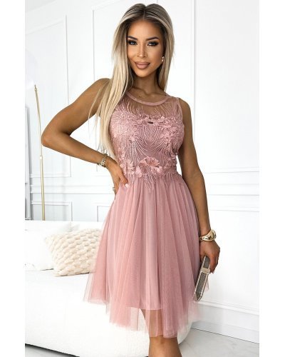 Rochie eleganta baby doll scurta, din tulle si dantela, roz pudra, Charlene Rochii scurte, Rochie eleganta baby doll scurta, din tulle si dantela, roz pudra, Charlene - jojofashion.ro