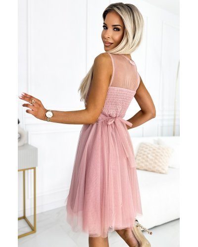 Rochie eleganta baby doll scurta, din tulle si dantela, roz pudra, Charlene Rochii scurte, Rochie eleganta baby doll scurta, din tulle si dantela, roz pudra, Charlene - jojofashion.ro