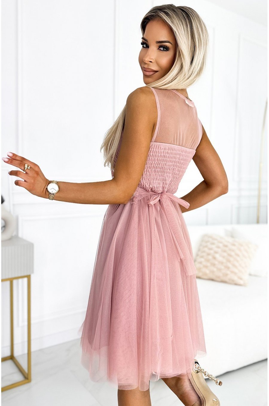Rochie eleganta baby doll scurta, din tulle si dantela, roz pudra, Charlene 2 - jojofashion.ro