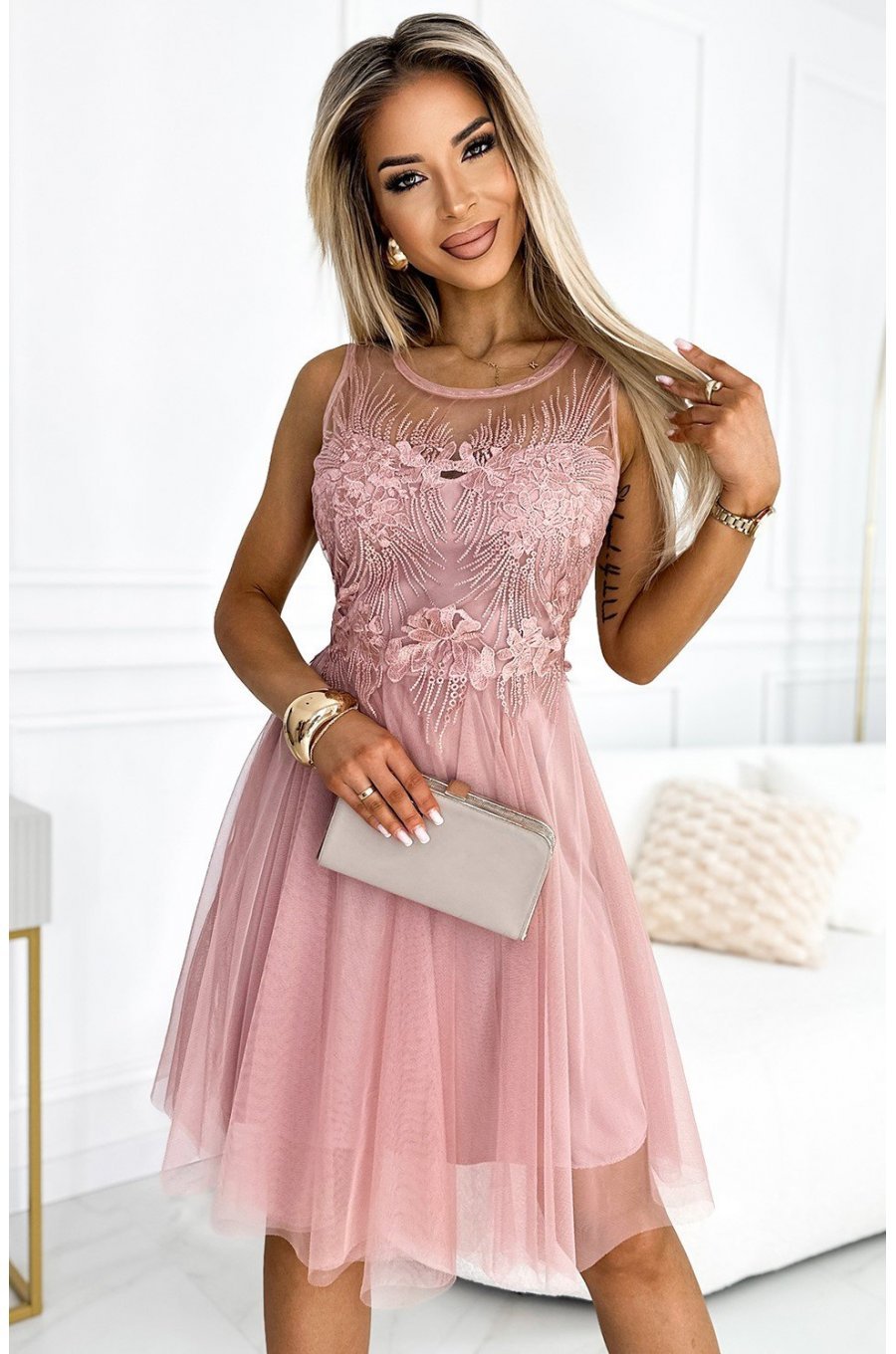 Rochie eleganta baby doll scurta, din tulle si dantela, roz pudra, Charlene 3 - jojofashion.ro