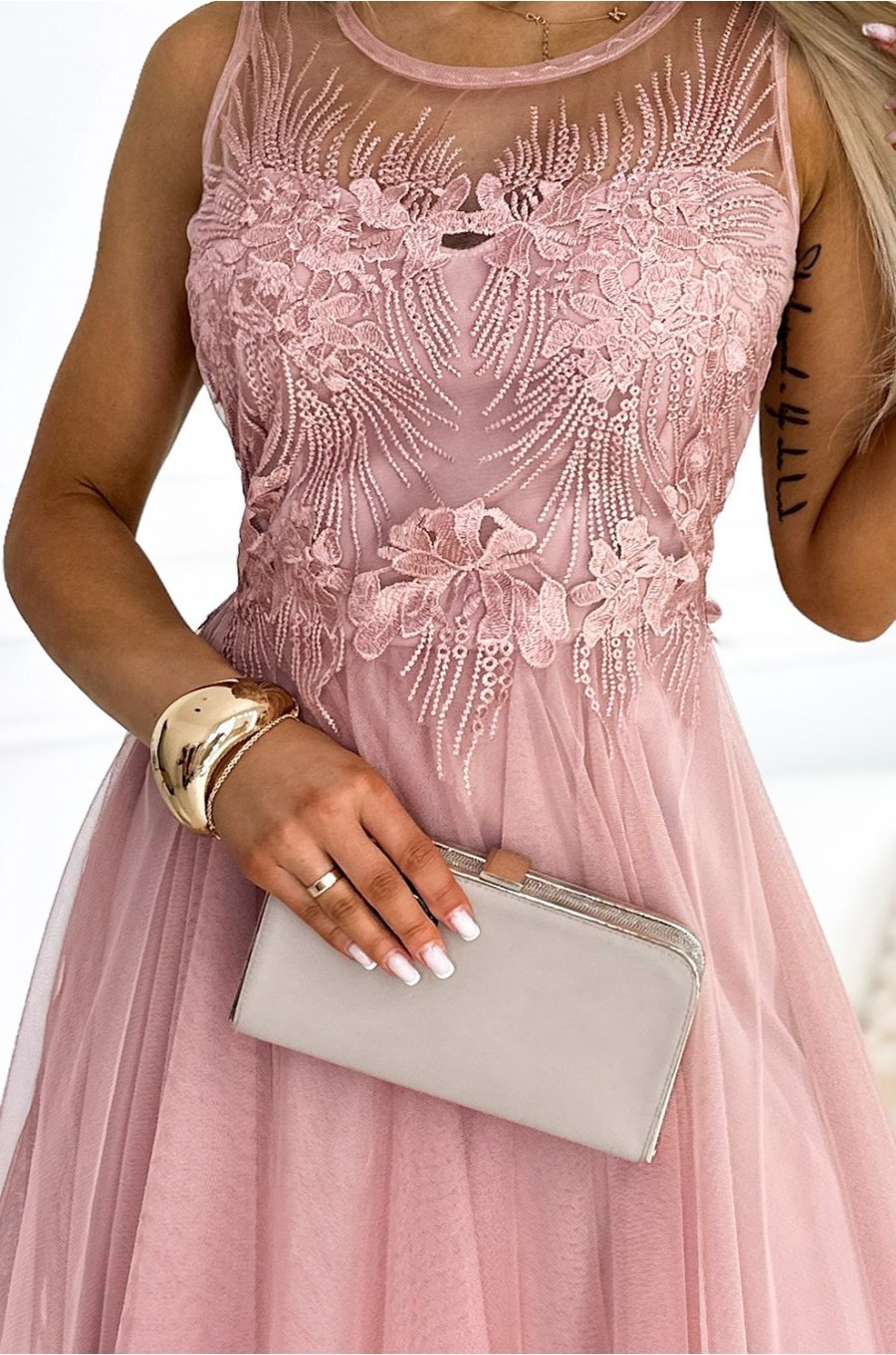 Rochie eleganta baby doll scurta, din tulle si dantela, roz pudra, Charlene 5 - jojofashion.ro