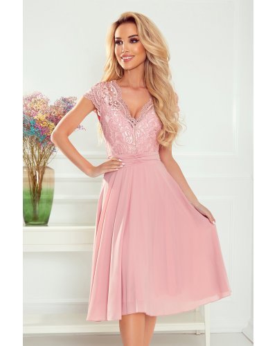 Rochie midi eleganta roz pal din chiffon si dantela Linda Rochii de nasa, Rochie midi eleganta roz pal din chiffon si dantela Linda - jojofashion.ro