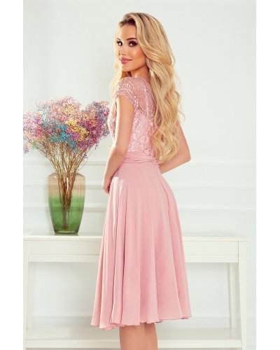 Rochie midi eleganta roz pal din chiffon si dantela Linda Rochii de nasa, Rochie midi eleganta roz pal din chiffon si dantela Linda - jojofashion.ro
