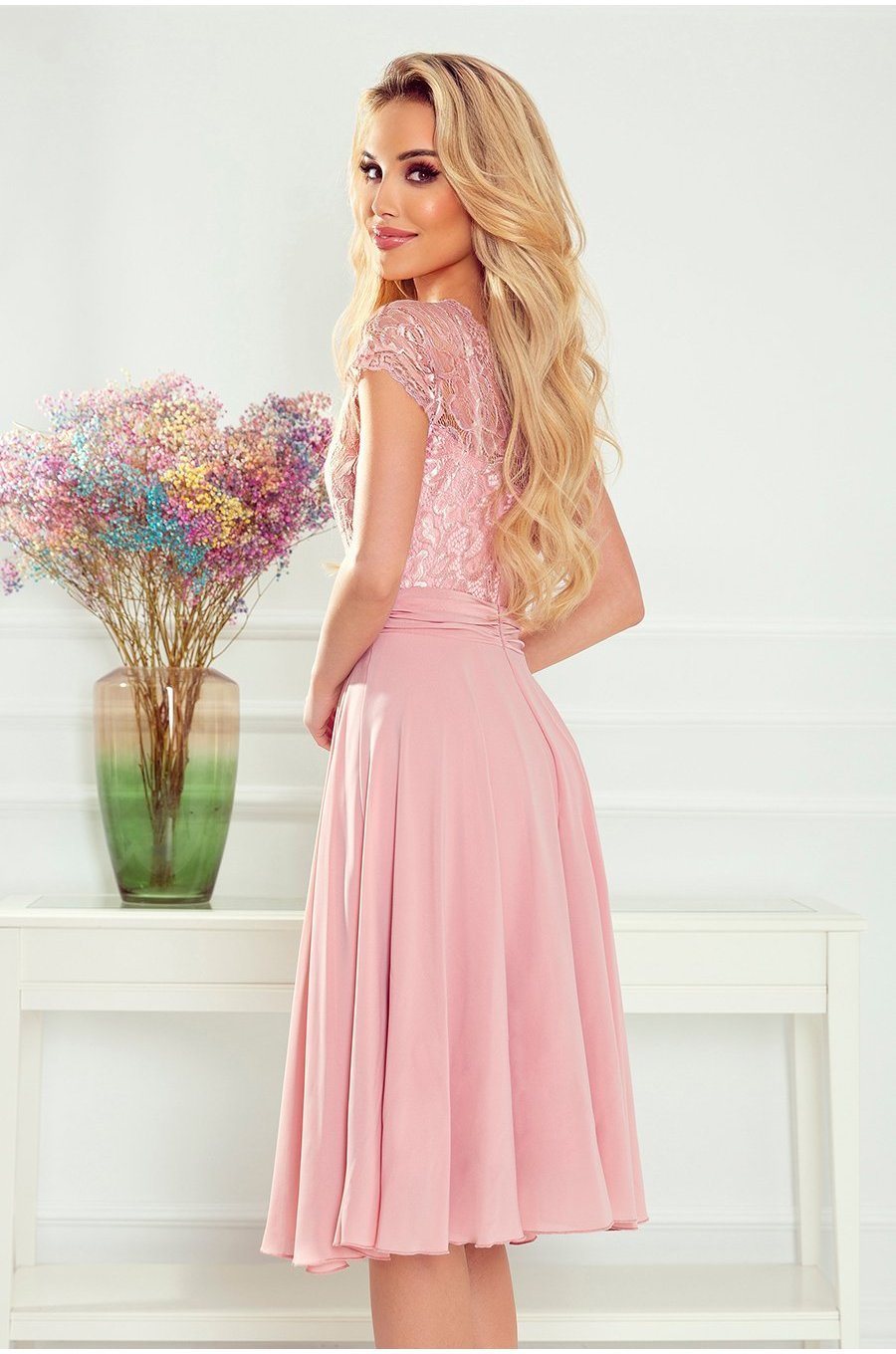 Rochie midi eleganta roz pal din chiffon si dantela Linda 2 - jojofashion.ro