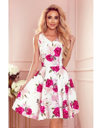 Rochie de vara midi, ecru, cu flori roz, retro, Lona Rochii de vara, Rochie de vara midi, ecru, cu flori roz, retro, Lona - jojofashion.ro
