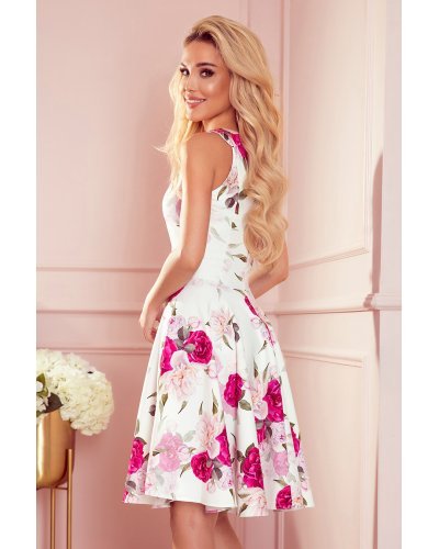 Rochie de vara midi, ecru, cu flori roz, retro, Lona Rochii de vara, Rochie de vara midi, ecru, cu flori roz, retro, Lona - jojofashion.ro