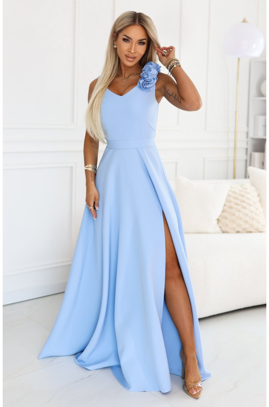 Rochie eleganta lunga baby blue cu floare pe bust MoniqueW 1 - jojofashion.ro