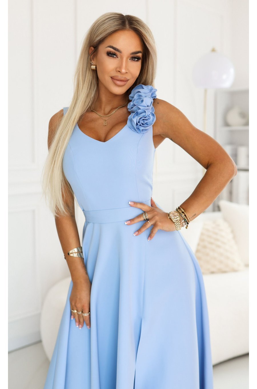 Rochie eleganta lunga baby blue cu floare pe bust MoniqueW 5 - jojofashion.ro
