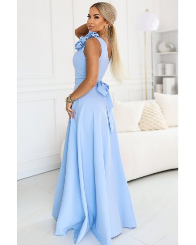 Rochii de nasa, Rochie eleganta lunga baby blue cu floare pe bust MoniqueW - jojofashion.ro