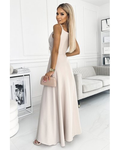 Rochie lunga bej petrecuta Scarlett Rochii lungi, Rochie lunga bej petrecuta Scarlett - jojofashion.ro