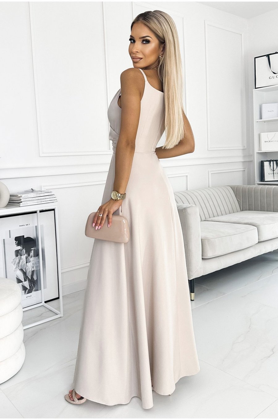 Rochie lunga bej petrecuta Scarlett Rochie lunga bej petrecuta Scarlett 2 - jojofashion.ro