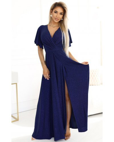 Rochie eleganta lunga bleumarin navy din brocard petrecuta Kasandra Rochii lungi, Rochie eleganta lunga bleumarin navy din brocard petrecuta Kasandra - jojofashion.ro