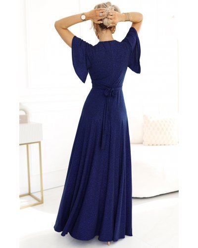 Rochie eleganta lunga bleumarin navy din brocard petrecuta Kasandra Rochii lungi, Rochie eleganta lunga bleumarin navy din brocard petrecuta Kasandra - jojofashion.ro