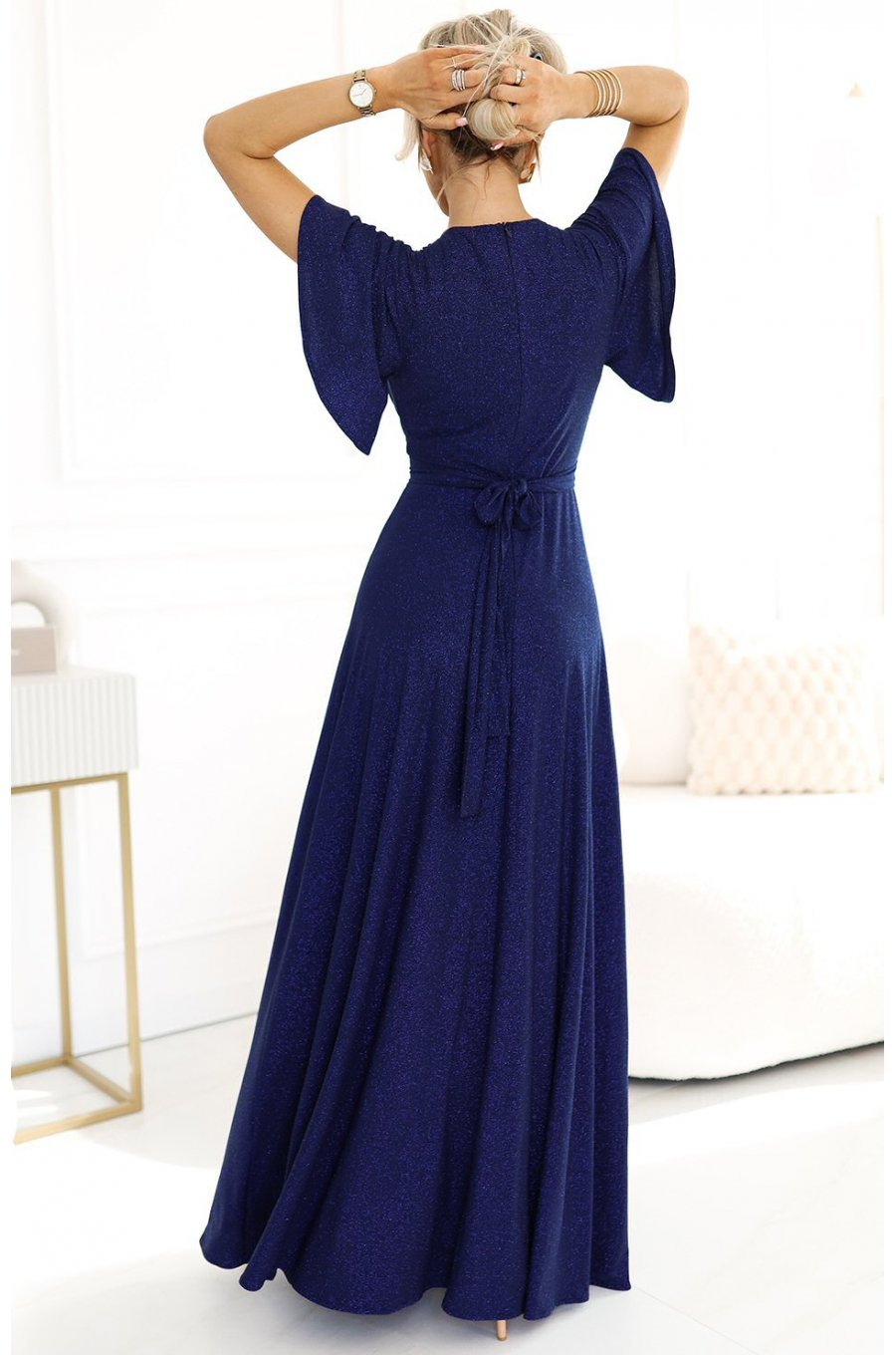 Rochie eleganta lunga bleumarin navy din brocard petrecuta Kasandra 2 - jojofashion.ro