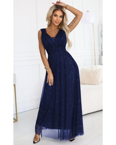 Rochii vaporoase, Rochie eleganta lunga bleumarin navy din brocard vaporoasa petrecuta Melania - jojofashion.ro
