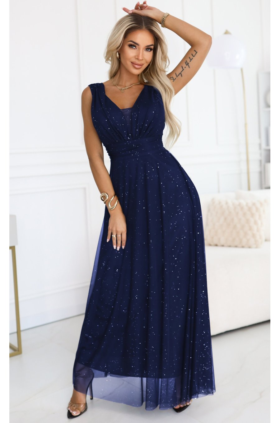 Rochie eleganta lunga bleumarin navy din brocard vaporoasa petrecuta Melania 1 - jojofashion.ro