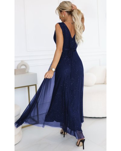 Rochii vaporoase, Rochie eleganta lunga bleumarin navy din brocard vaporoasa petrecuta Melania - jojofashion.ro