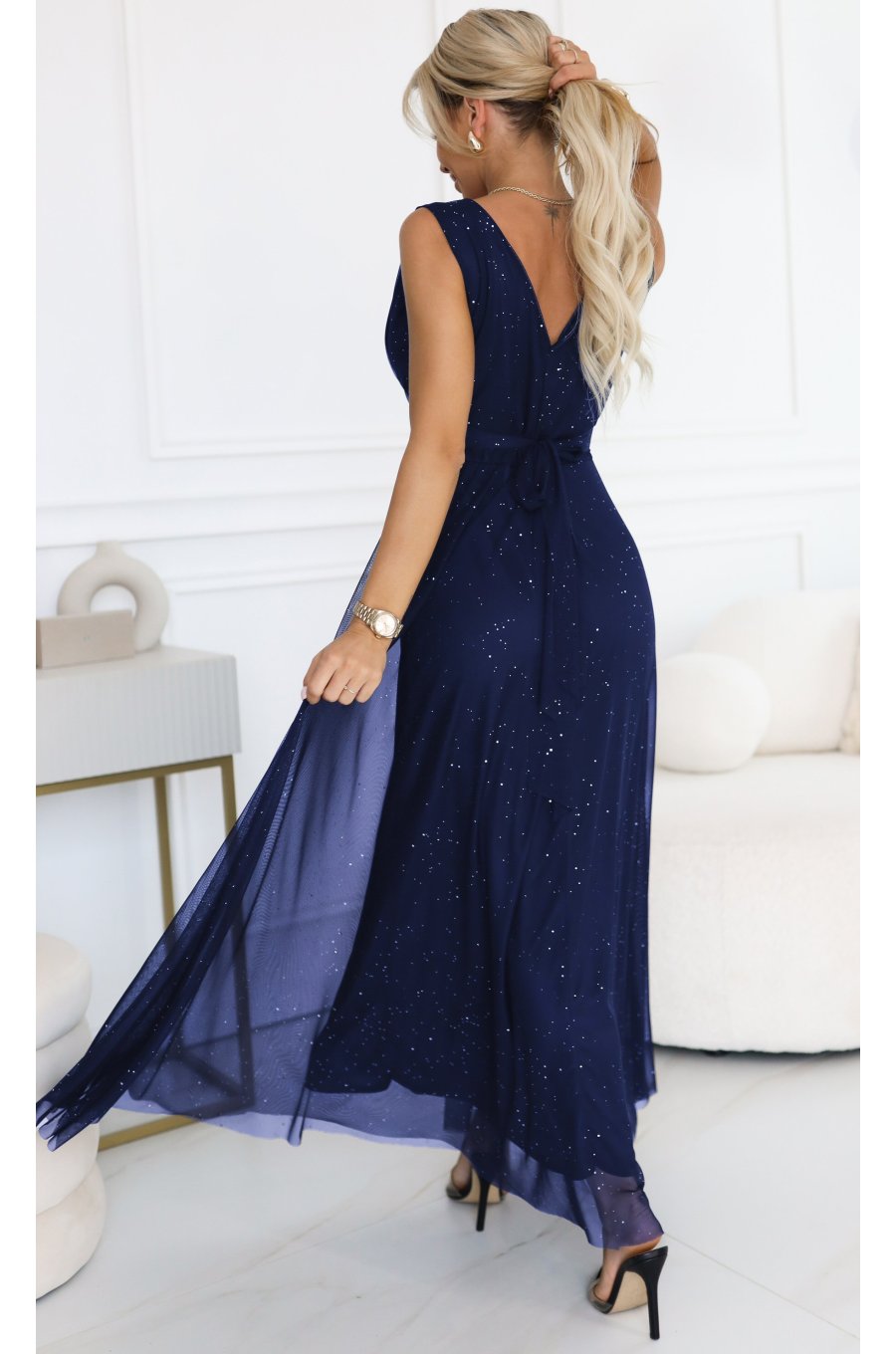 Rochie eleganta lunga bleumarin navy din brocard vaporoasa petrecuta Melania 2 - jojofashion.ro