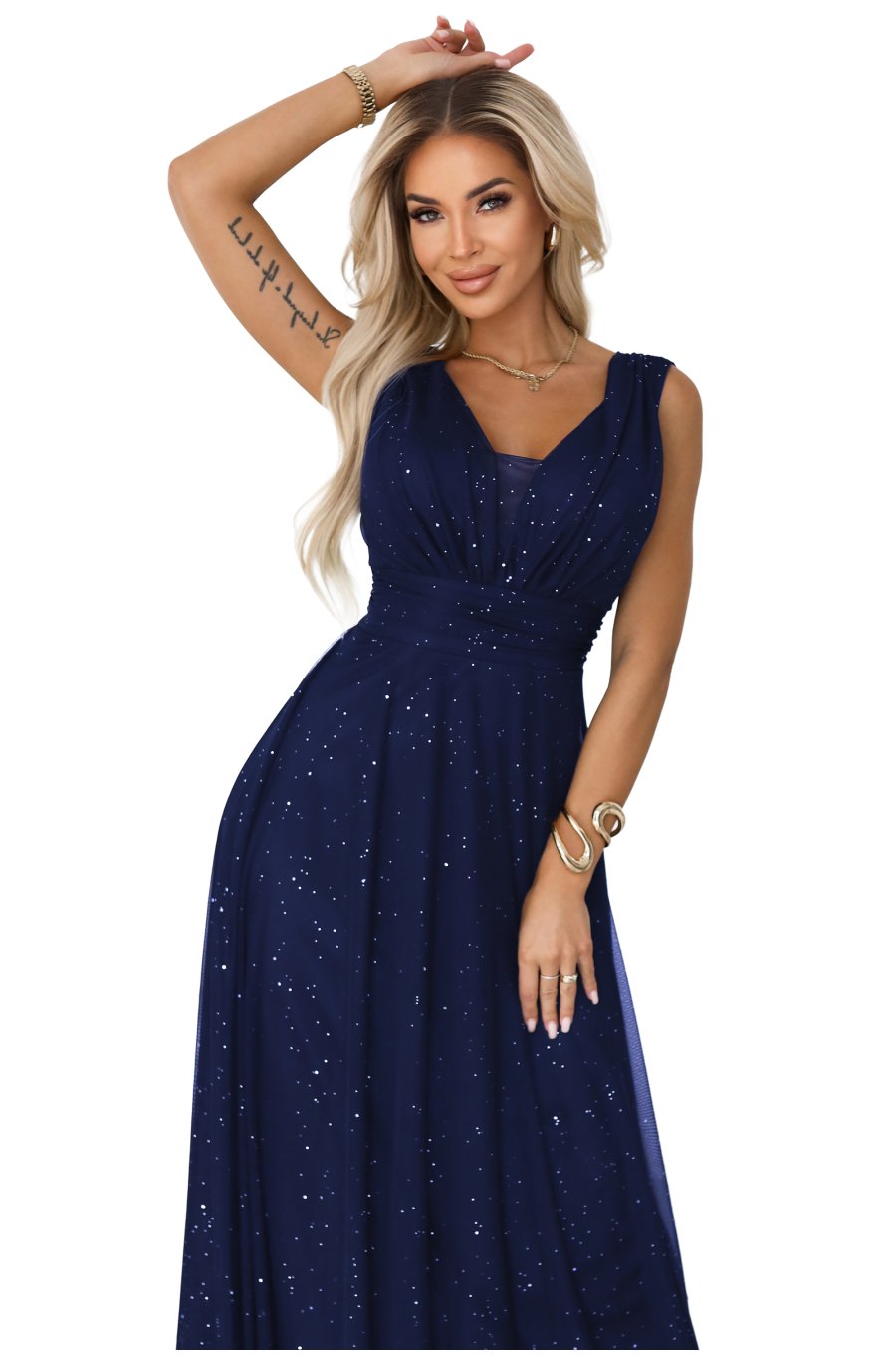 Rochie eleganta lunga bleumarin navy din brocard vaporoasa petrecuta Melania 3 - jojofashion.ro