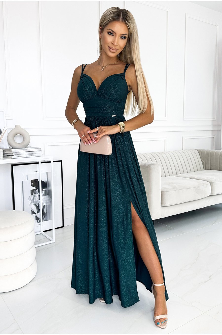 Rochie de seara lunga, brocard, verde sticla, crapata pe picior, Carlyn 1 - jojofashion.ro