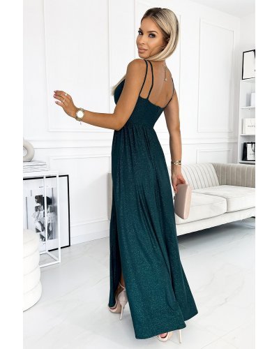Rochie lunga verde sticla din brocard crapata pe picior Carlyn Rochii lungi, Rochie lunga verde sticla din brocard crapata pe picior Carlyn - jojofashion.ro