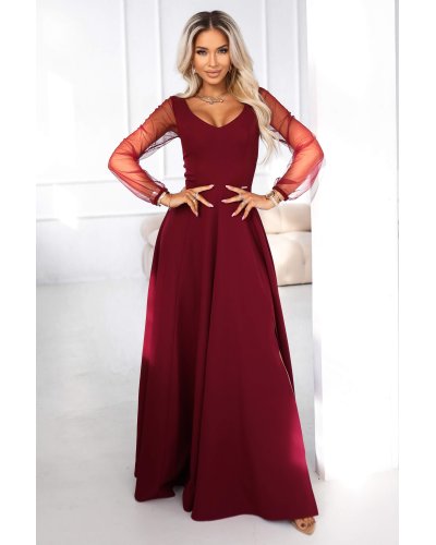 Rochii de nasa, Rochie eleganta lunga burgundy vaporoasa cu maneca lunga Lorretta - jojofashion.ro
