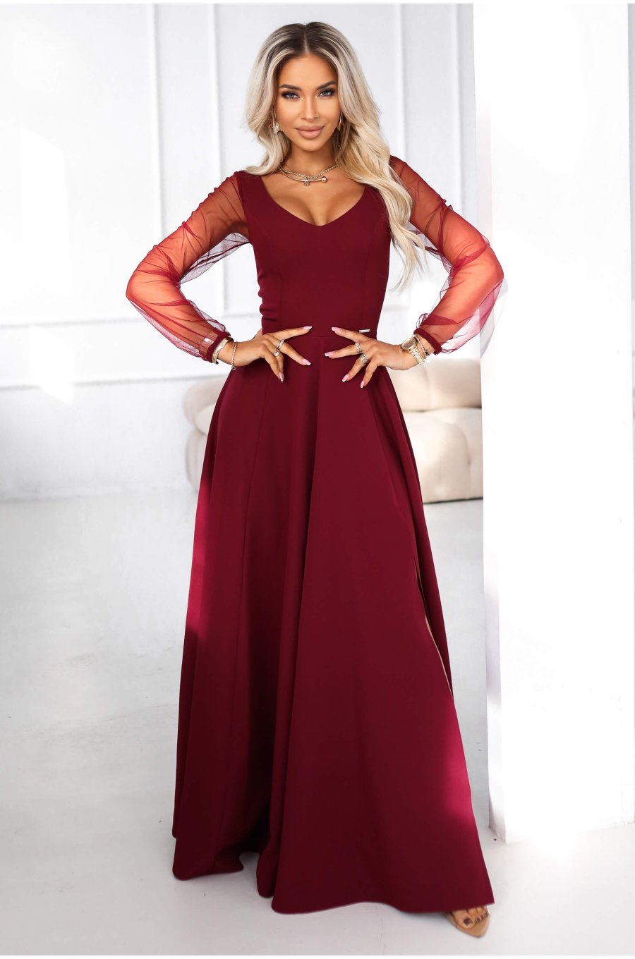 Rochie eleganta lunga burgundy vaporoasa cu maneca lunga Lorretta 1 - jojofashion.ro