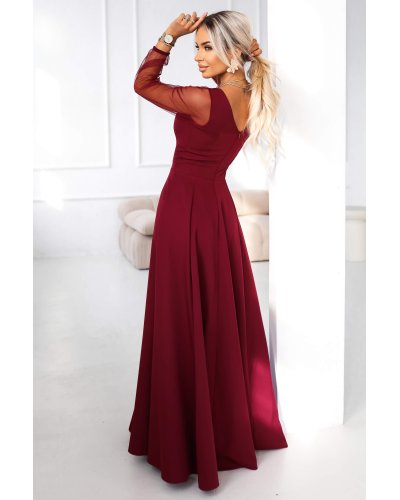 Rochii de nasa, Rochie eleganta lunga burgundy vaporoasa cu maneca lunga Lorretta - jojofashion.ro