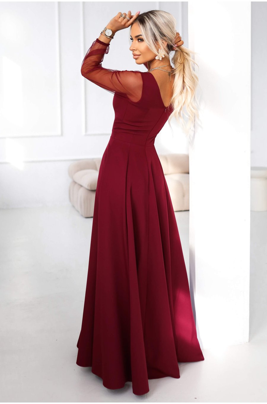 Rochie eleganta lunga burgundy vaporoasa cu maneca lunga Lorretta 2 - jojofashion.ro