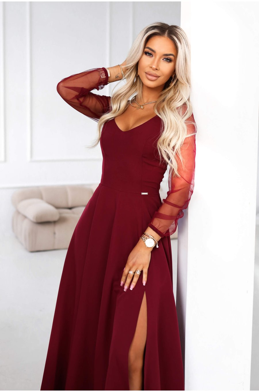 Rochie eleganta lunga burgundy vaporoasa cu maneca lunga Lorretta 4 - jojofashion.ro