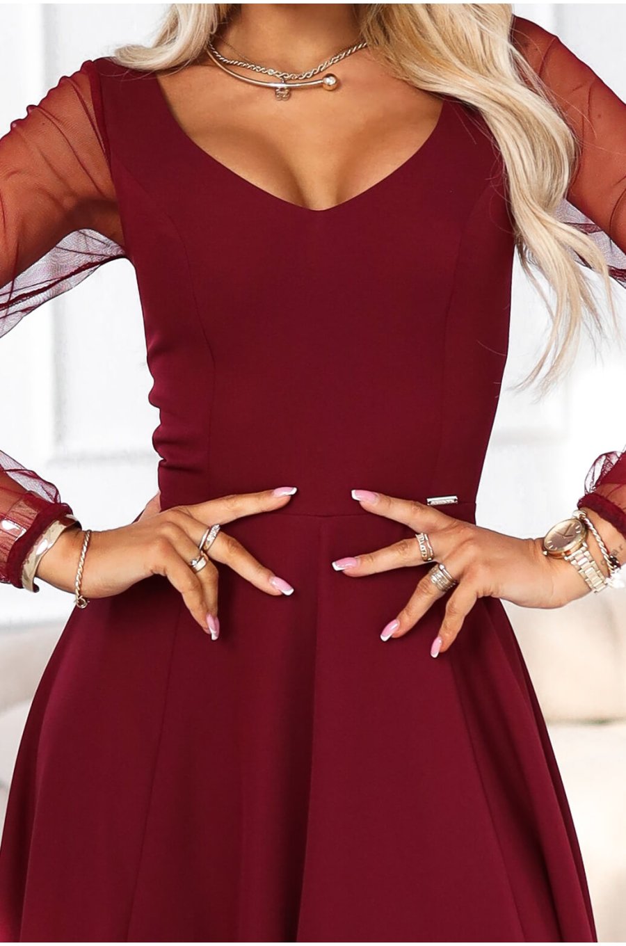 Rochie eleganta lunga burgundy vaporoasa cu maneca lunga Lorretta 3 - jojofashion.ro