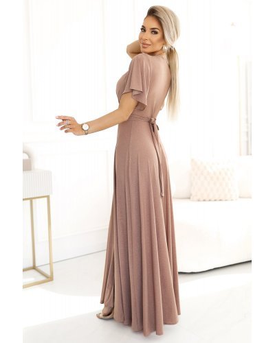 Rochie eleganta lunga cappuccino din brocard petrecuta Kasandra Rochii lungi, Rochie eleganta lunga cappuccino din brocard petrecuta Kasandra - jojofashion.ro
