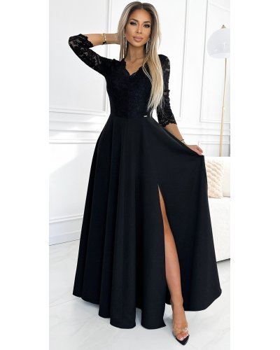 Rochie eleganta lunga neagra cu dantela pe bust cu maneca trei sferturi Allegria Rochii lungi, Rochie eleganta lunga neagra cu dantela pe bust cu maneca trei sferturi Allegria - jojofashion.ro