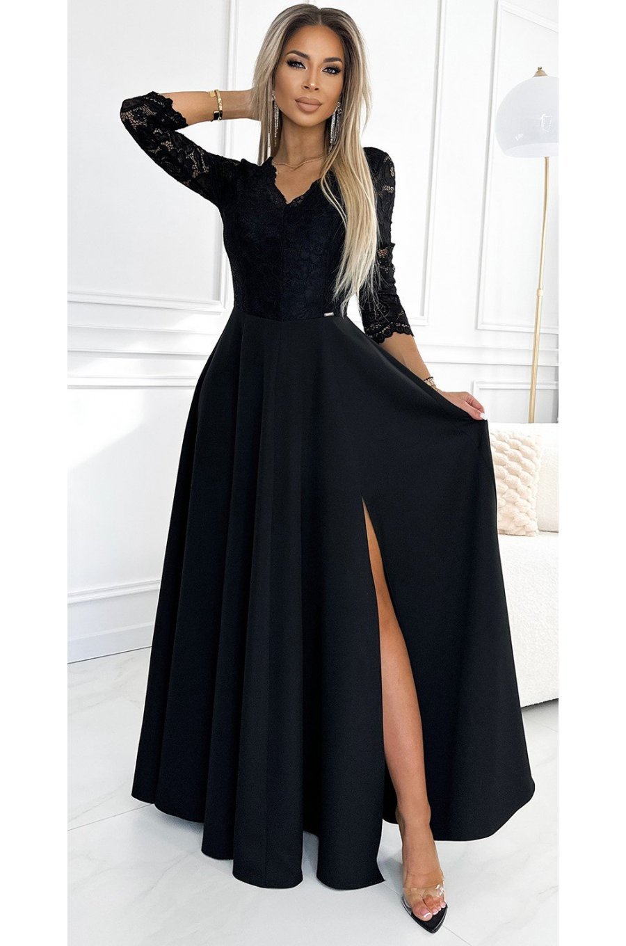 Rochie eleganta lunga neagra cu dantela pe bust cu maneca trei sferturi Allegria 1 - jojofashion.ro