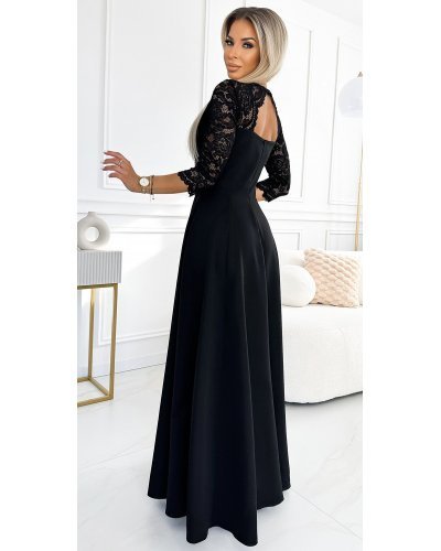Rochie eleganta lunga neagra cu dantela pe bust cu maneca trei sferturi Allegria Rochii lungi, Rochie eleganta lunga neagra cu dantela pe bust cu maneca trei sferturi Allegria - jojofashion.ro