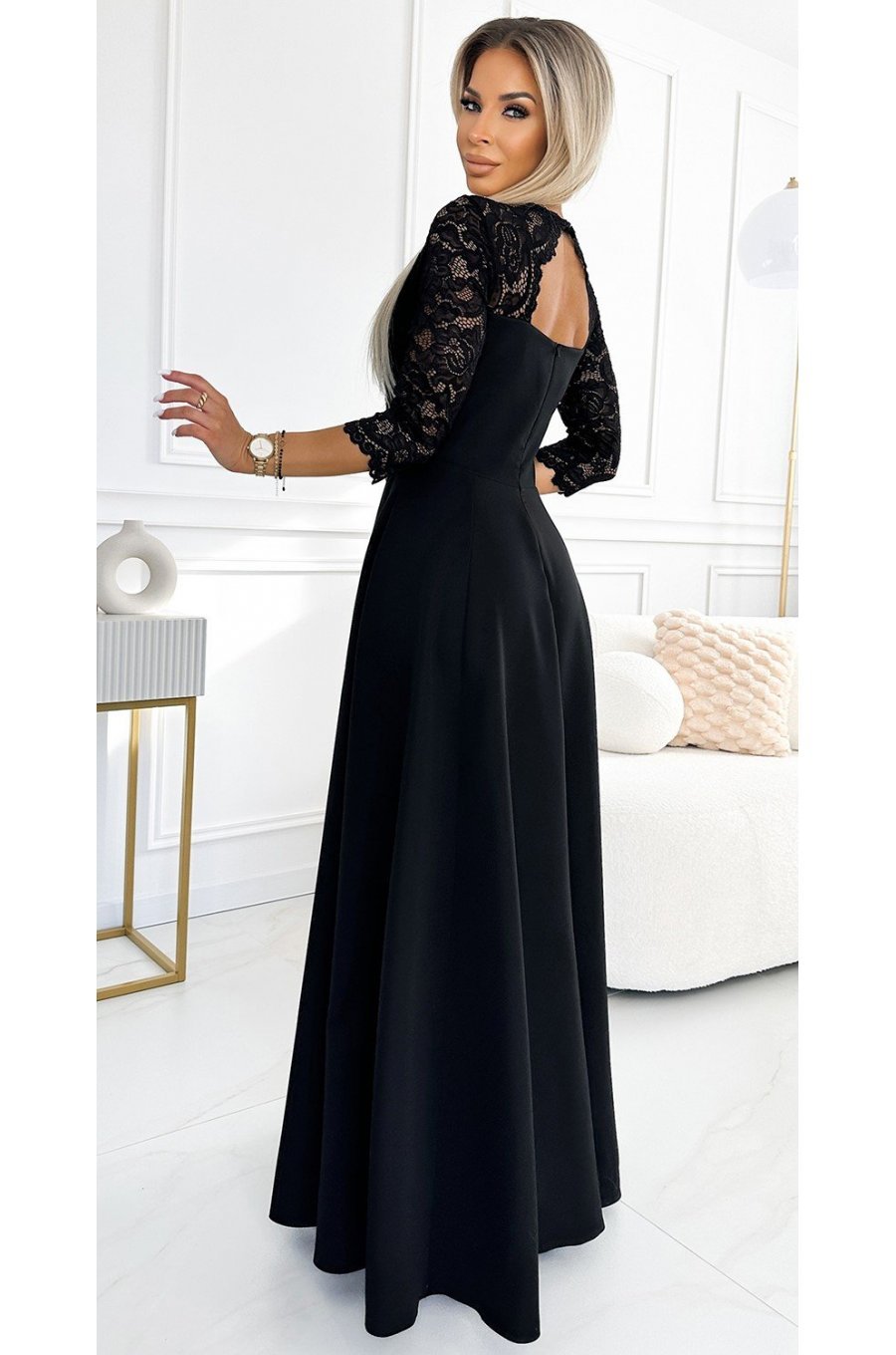 Rochie eleganta lunga, cu dantela pe bust, neagra, cu maneca trei sferturi, Allegria 2 - jojofashion.ro