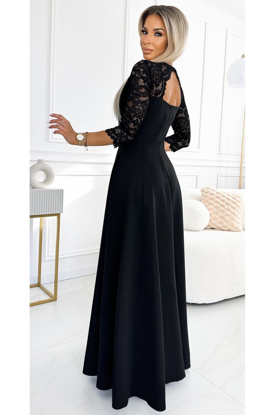 Rochie eleganta lunga neagra cu dantela pe bust cu maneca trei sferturi Allegria 2 - jojofashion.ro