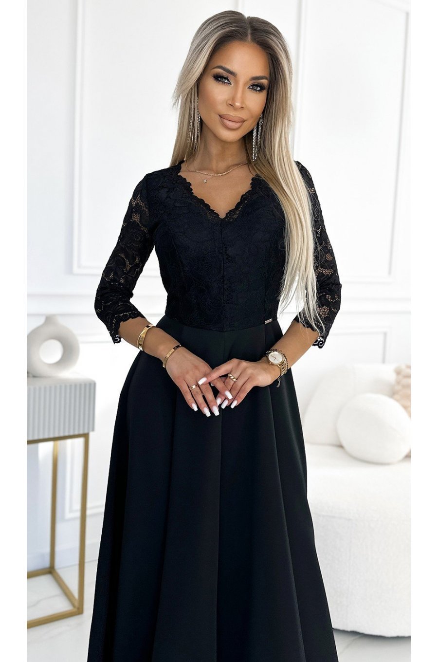 Rochie eleganta lunga, cu dantela pe bust, neagra, cu maneca trei sferturi, Allegria 3 - jojofashion.ro