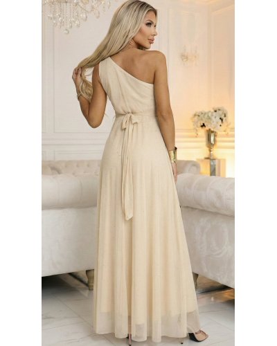 Rochie eleganta lunga cu glitter bej sampanie vaporoasa cu un umar gol Azzurra - jojofashion.ro