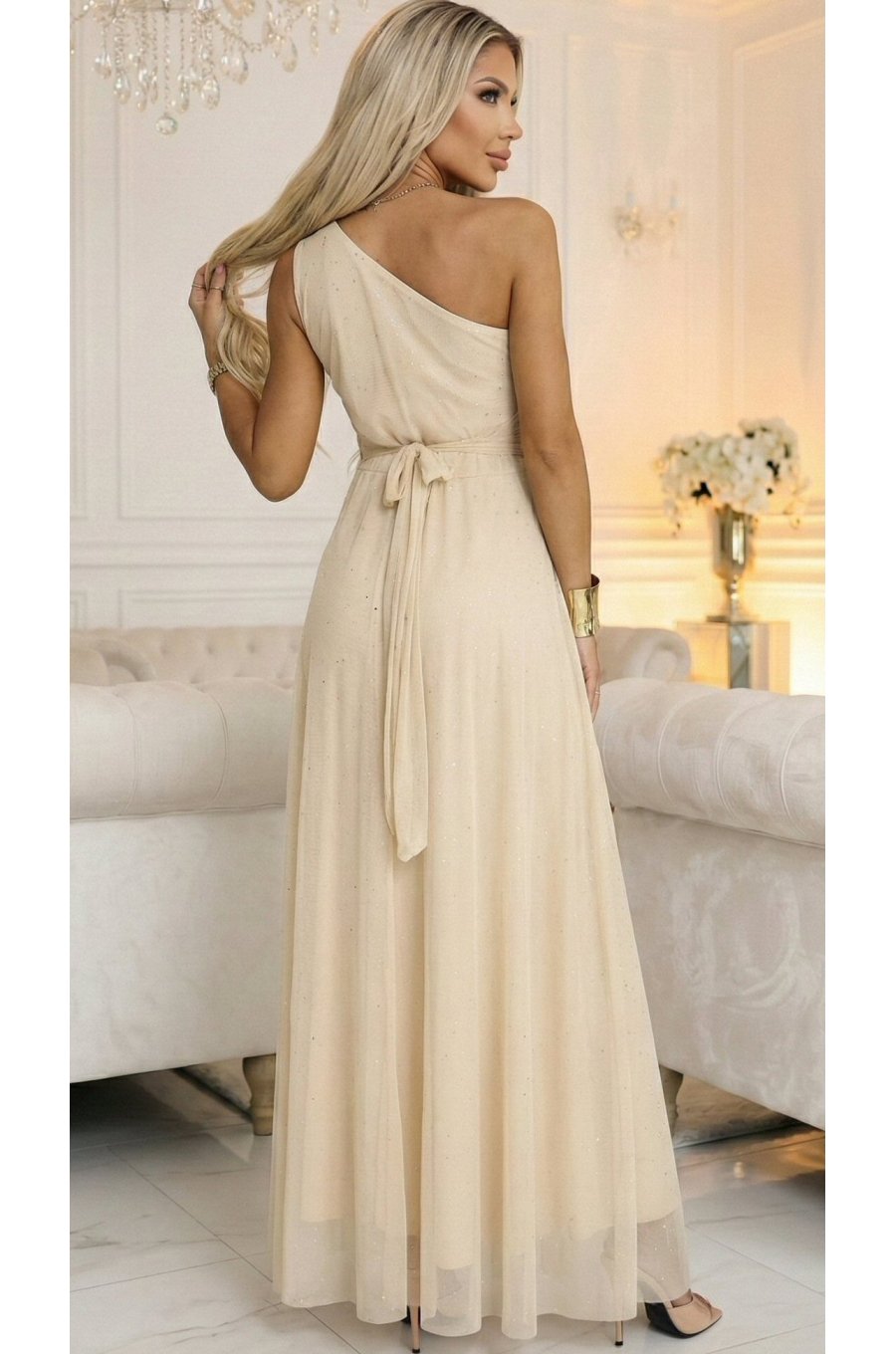 Rochie eleganta lunga cu glitter bej sampanie vaporoasa cu un umar gol Azzurra 2 - jojofashion.ro