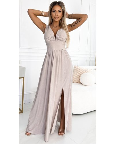 Rochie eleganta lunga, din brocard, bej, petrecuta, Sussan Rochii lungi, Rochie eleganta lunga, din brocard, bej, petrecuta, Sussan - jojofashion.ro