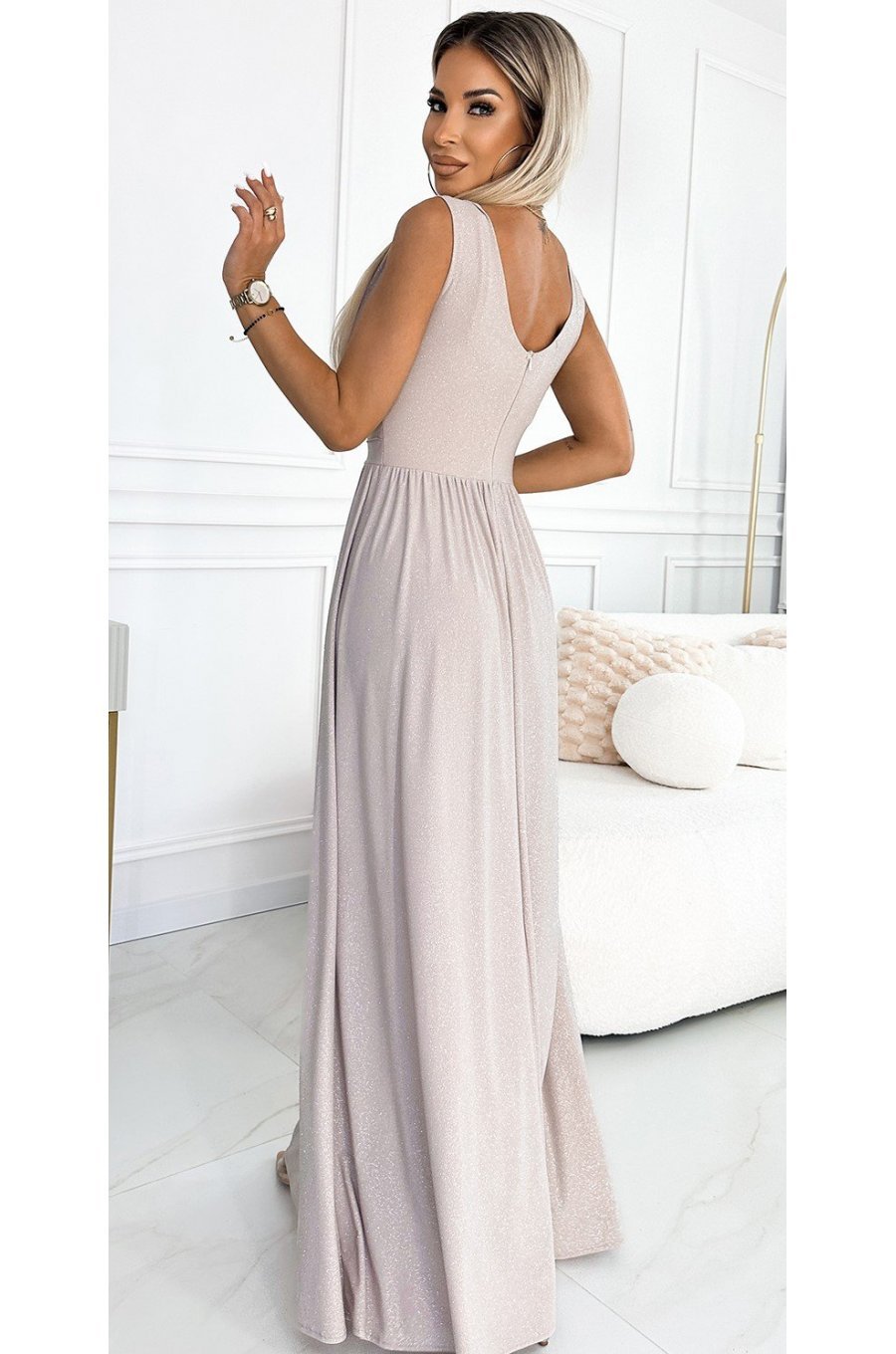 Rochie eleganta lunga, din brocard, bej, petrecuta, Sussan 2 - jojofashion.ro