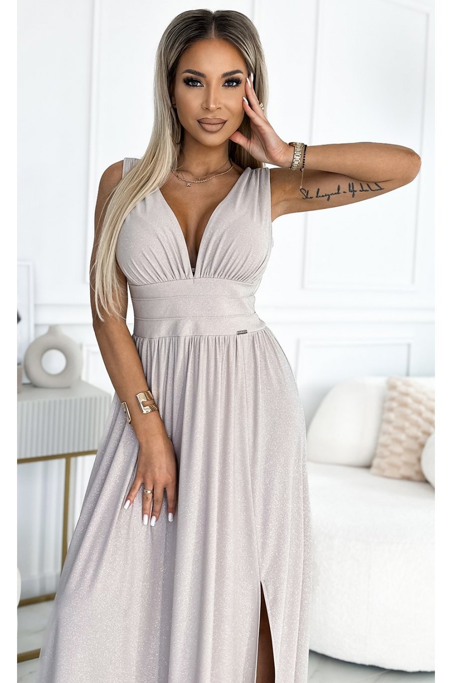 Rochie eleganta lunga, din brocard, bej, petrecuta, Sussan 3 - jojofashion.ro