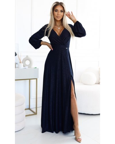 Rochie lunga din brocard bleumarin navy cu maneca lunga Roselia Rochii lungi, Rochie lunga din brocard bleumarin navy cu maneca lunga Roselia - jojofashion.ro
