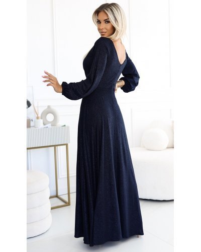 Rochie lunga din brocard bleumarin navy cu maneca lunga Roselia Rochii lungi, Rochie lunga din brocard bleumarin navy cu maneca lunga Roselia - jojofashion.ro