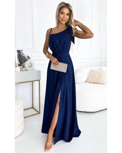 Rochie lunga din brocard bleumarin navy cu un umar gol Heather Rochii lungi, Rochie lunga din brocard bleumarin navy cu un umar gol Heather - jojofashion.ro
