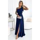 Rochie eleganta lunga, din brocard, bleumarin navy, cu un umar gol, Heather 2 - jojofashion.ro