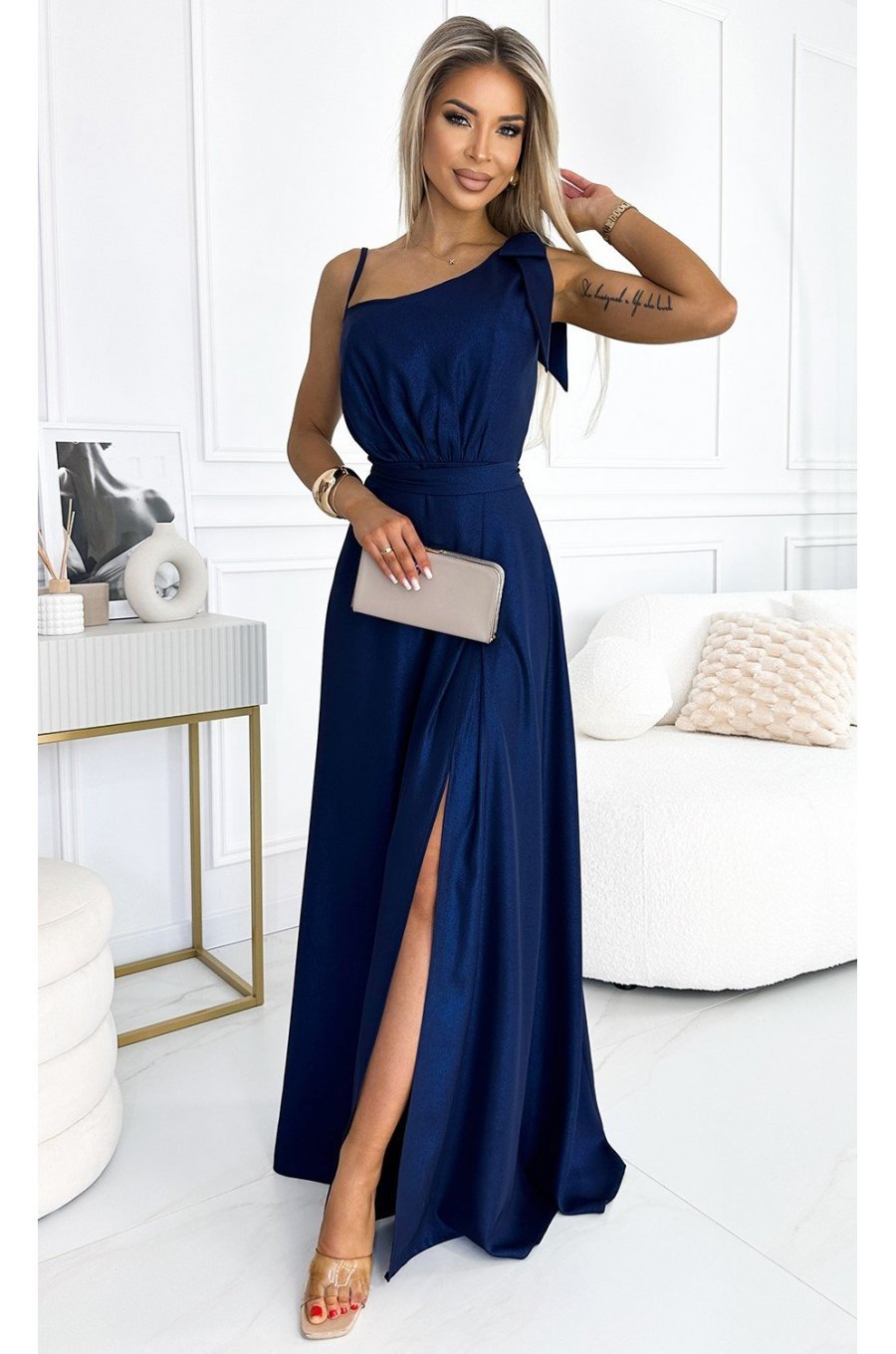 Rochie lunga din brocard bleumarin navy cu un umar gol Heather 1 - jojofashion.ro