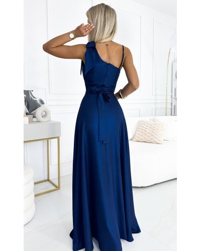 Rochie lunga din brocard bleumarin navy cu un umar gol Heather Rochii lungi, Rochie lunga din brocard bleumarin navy cu un umar gol Heather - jojofashion.ro